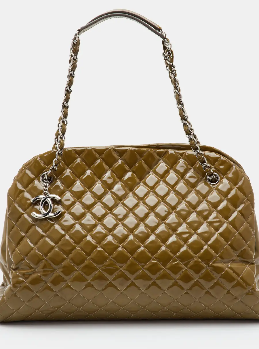 Chanel Just Mademoiselle Large Olive Green Quilted Patent Leather Bowler Bag