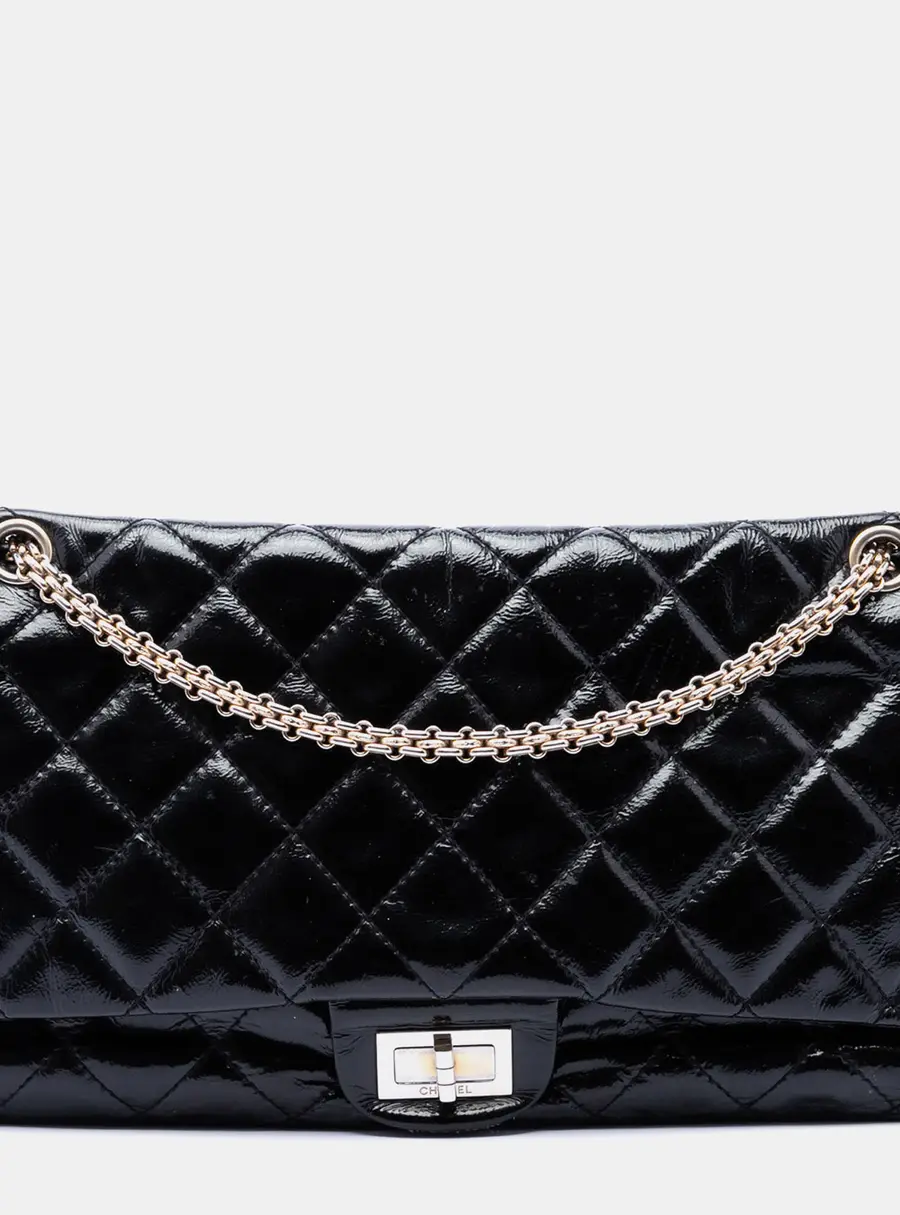 Chanel Reissue 2.55 Double Flap 227 Black Quilted Crinkled Patent Leather Shoulder Bag