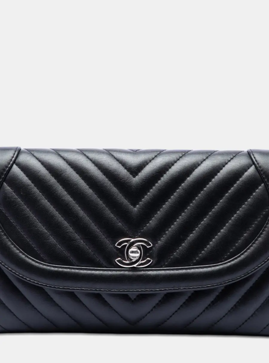 Chanel CC Chevron Round Black Lambskin Flap Clutch Bag