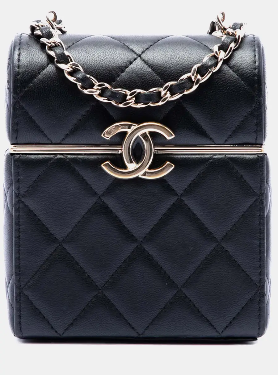 Chanel Quilted Box With Chain Small Black Lambskin Leather Crossbody Bag