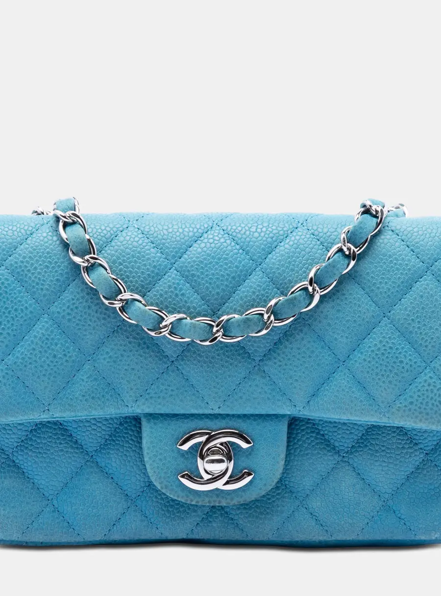 Chanel Classic Mini Rectangular Blue Iridescent Caviar Grained Calfskin Leather Single Flap Bag