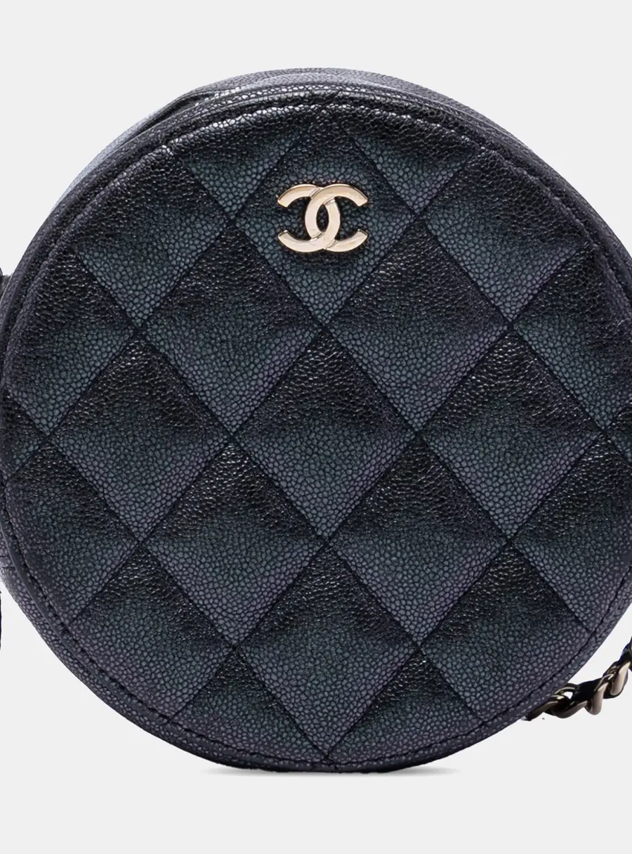 Chanel CC Quilted Iridescent Caviar Round Clutch With Chain Mini Black Leather Crossbody Bag