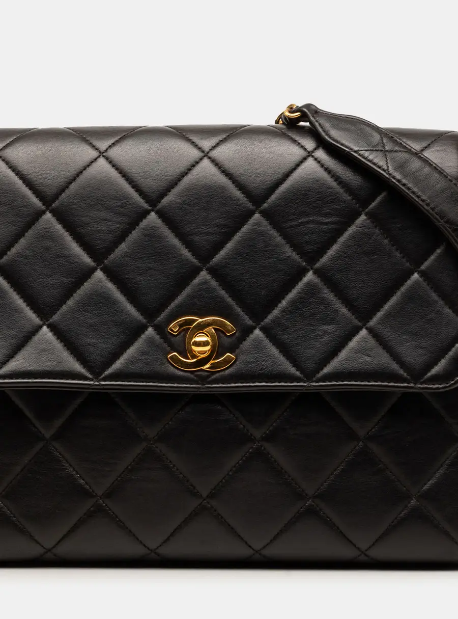Chanel Straight Single Flap Small Black Lambskin Leather Crossbody Bag
