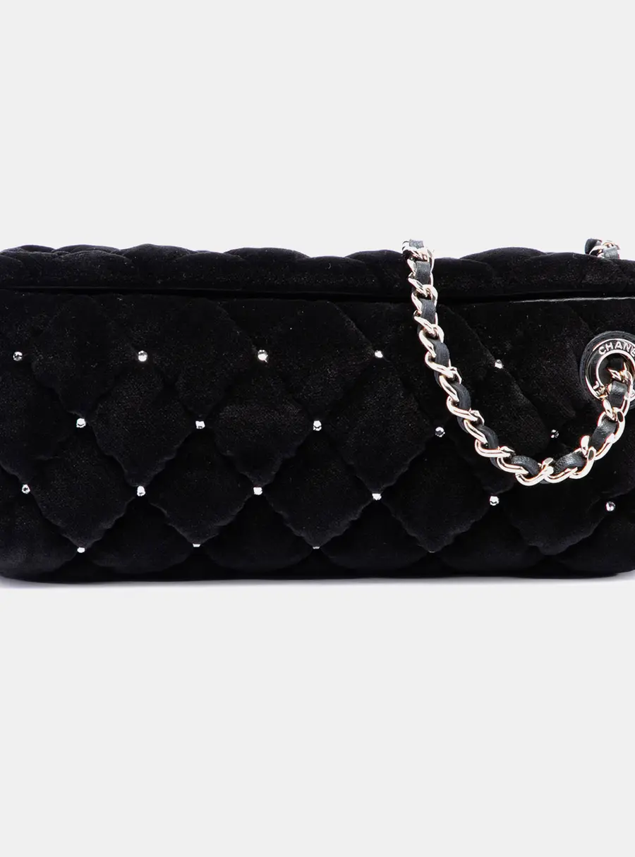 Chanel CC Quilted Velvet Crystal Wristlet Clutch Black Velvet Clutch Bag