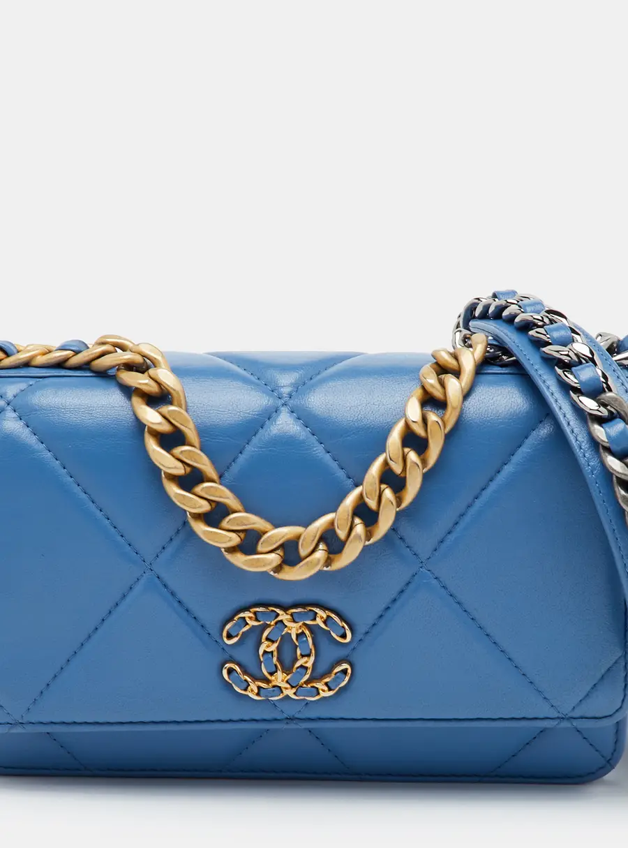 Chanel 19 Light Blue Quilted Leather Wallet On Chain