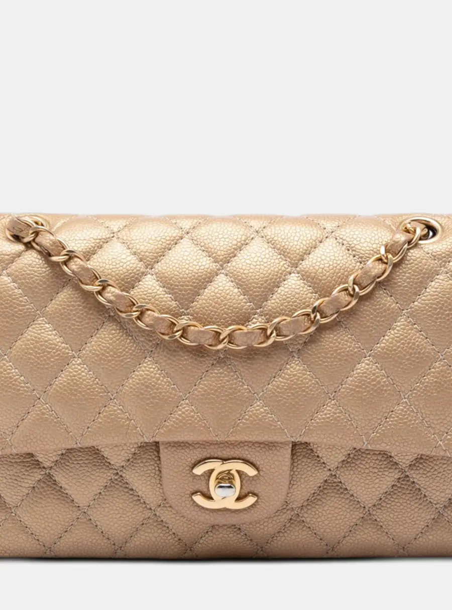 Chanel Beige Chanel Classic Medium Iridescent Gold Caviar Leather Double Flap Bag