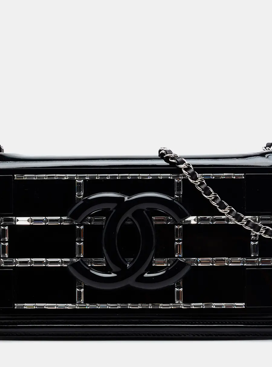 Chanel Boy Brick Horizontal Black Patent Leather Plexiglass Flap Bag