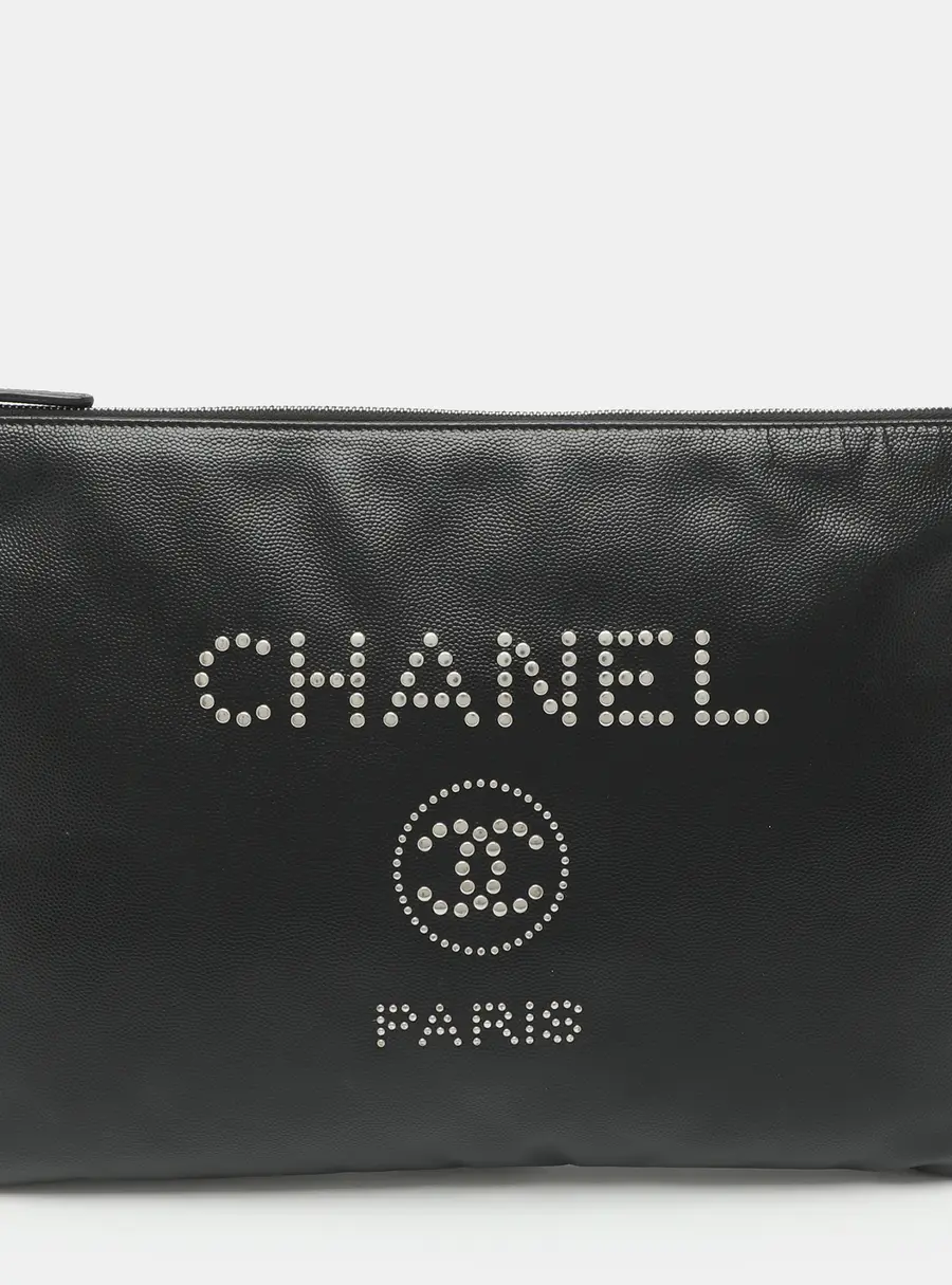 Chanel Deauville Black Caviar Leather Pouch Clutch