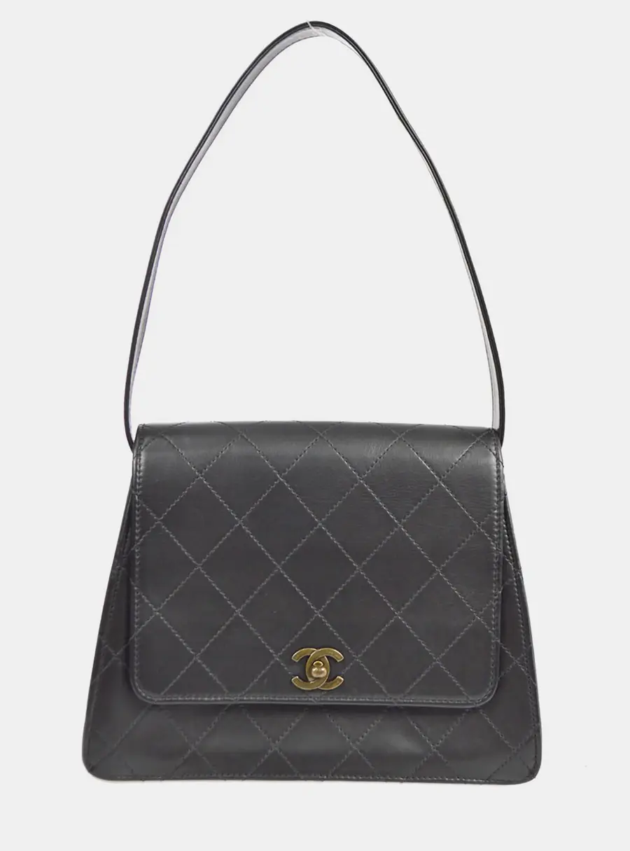 Chanel Vintage Trapezoid Black Lambskin Leather Shoulder Bag