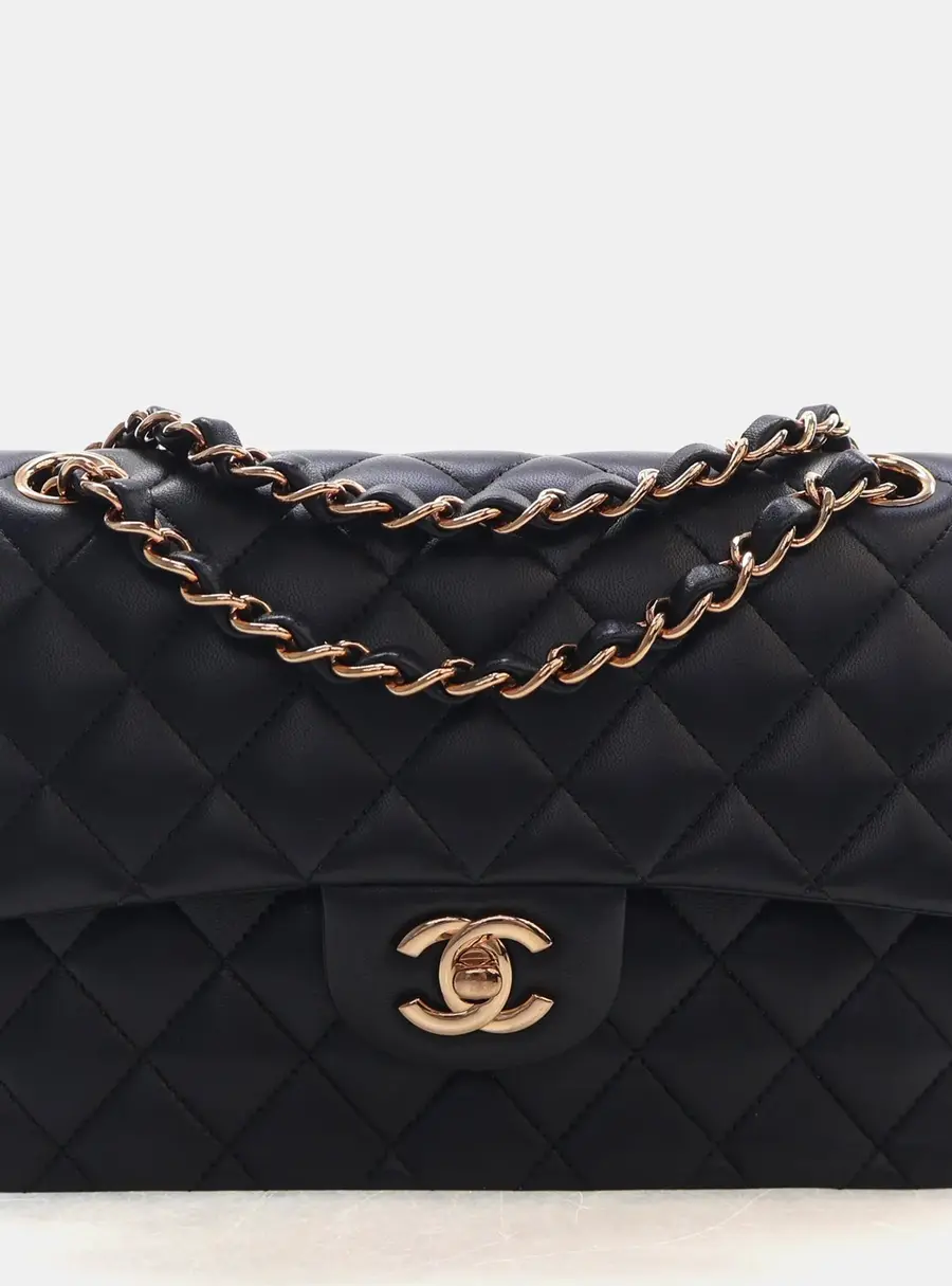 Chanel Classic Double Flap Small Black Lambskin Rose Gold Hardware Shoulder Bag