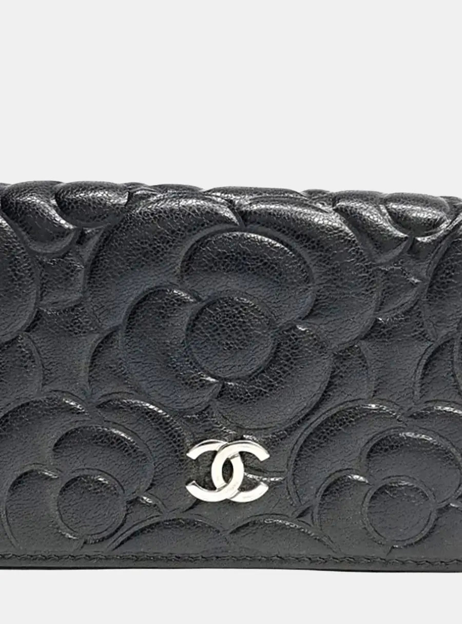 Chanel Camellia Small Black Embossed Leather Wallet