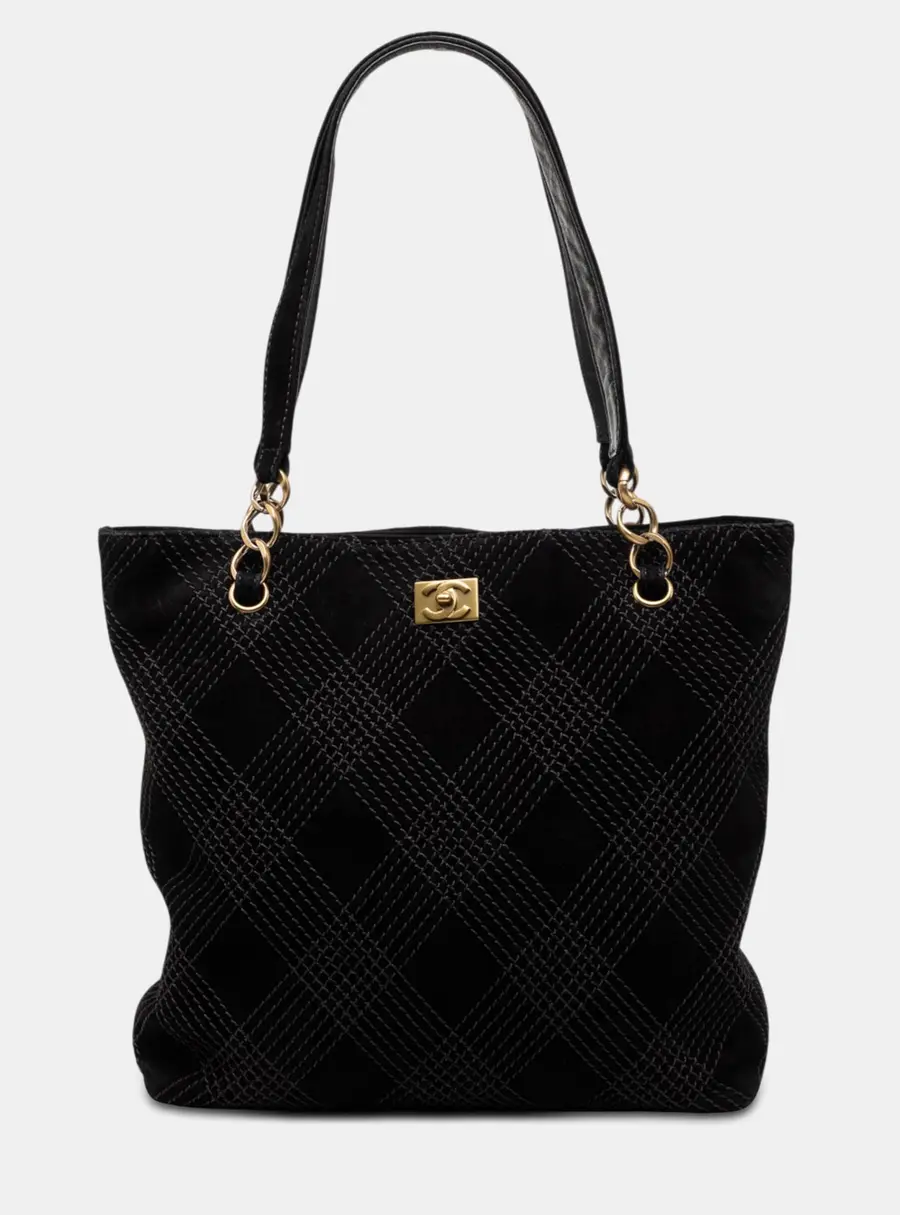 Chanel CC Stitched Large Black Suede Tote Bag