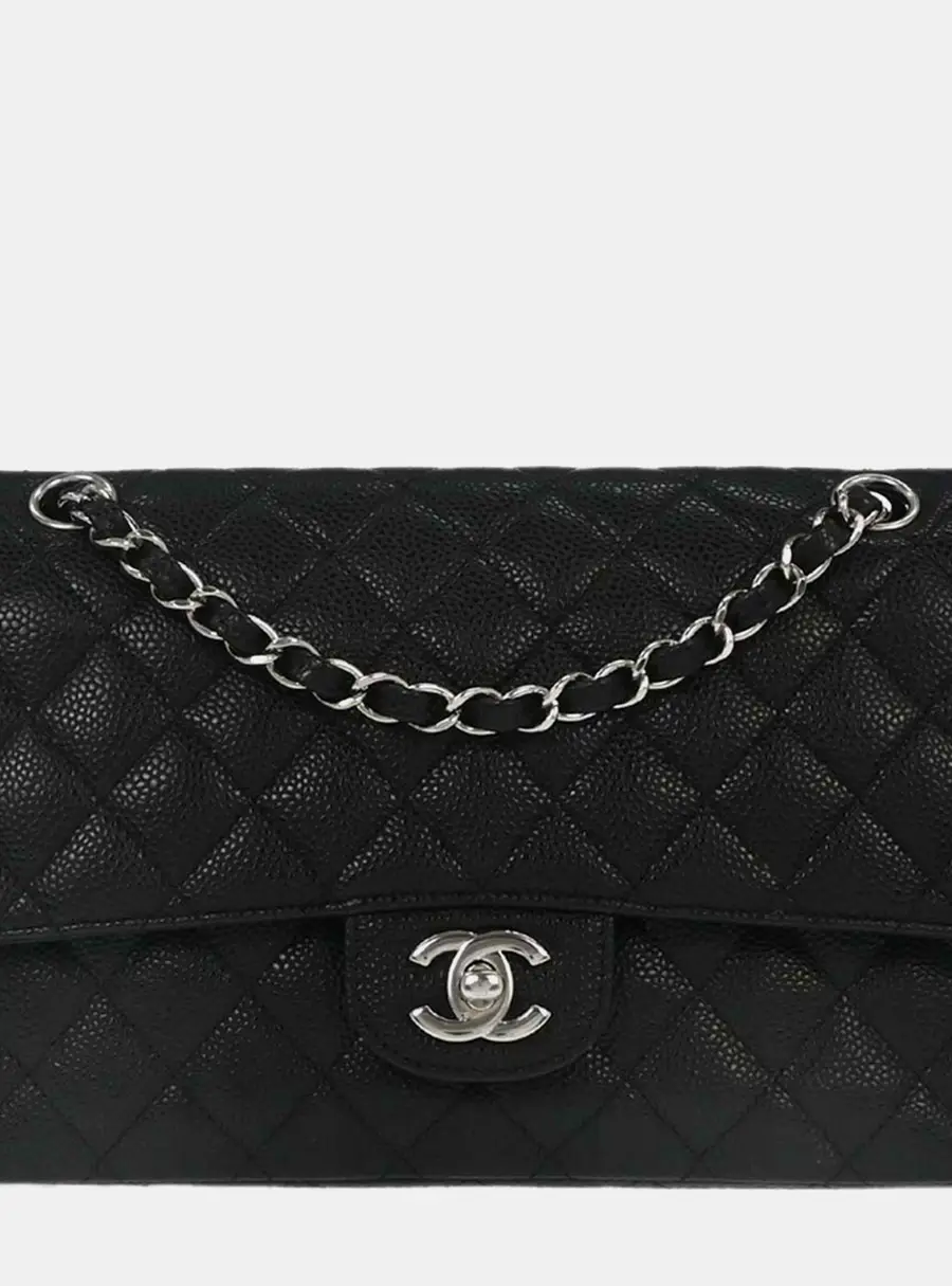 Chanel Medium Classic Double Flap Bag Black Quilted Caviar Leather Shoulder Bag