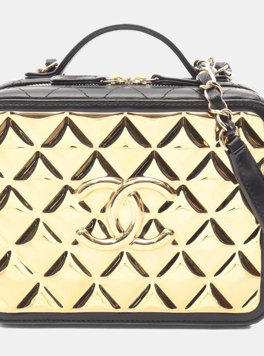 Chanel Golden Plate Medium Black Lambskin Quilted Metal Vanity 2-Way Crossbody Bag