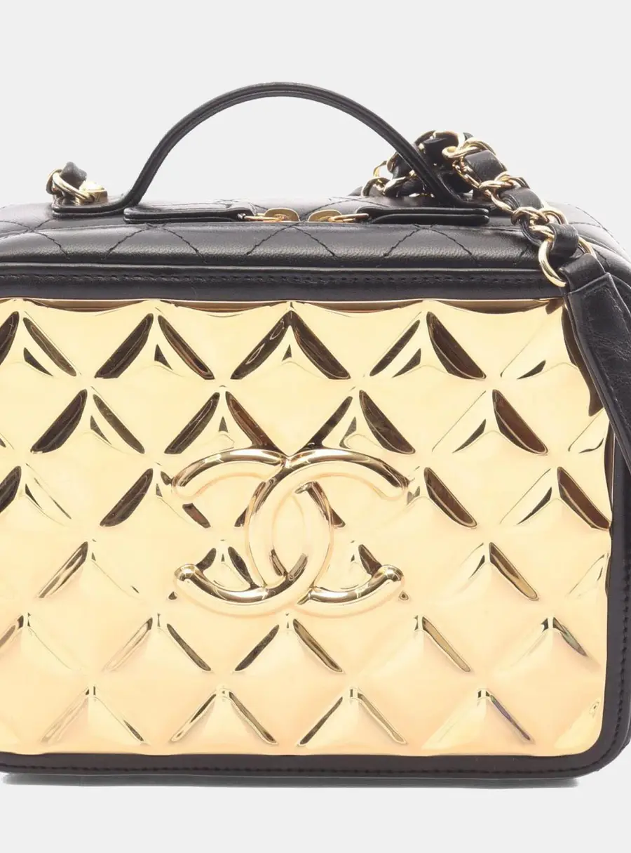 Chanel Golden Plate Medium Black Lambskin Leather Top Handle Vanity Case Bag