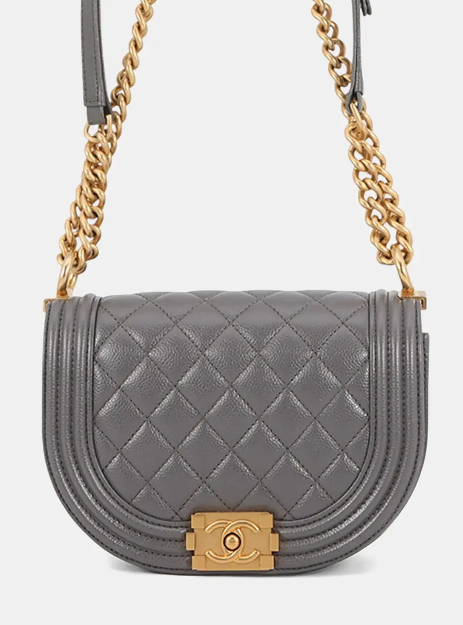 Chanel Boy Small Gray Grained Calfskin Caviar Messenger Bag