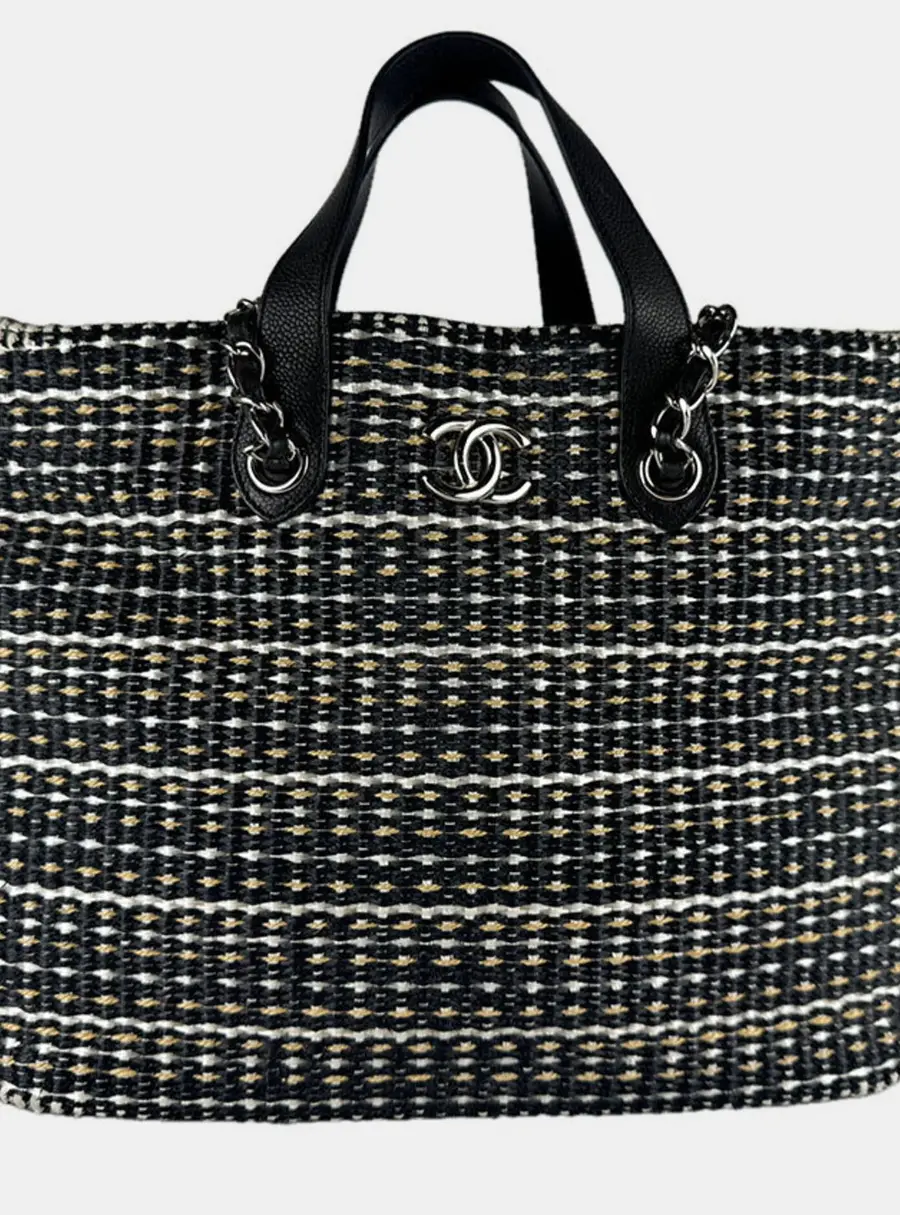 Chanel No. 18 Large Black White Beige Raffia Calfskin Leather Shoulder Tote Bag