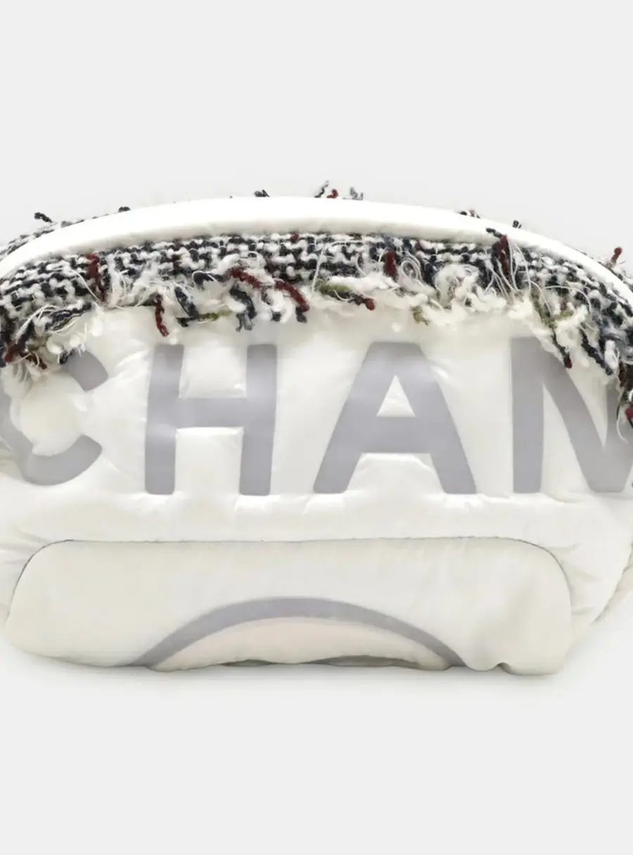 Chanel Doudoune Coconeige White Gray Embossed Nylon Tweed Waist Pouch Bag