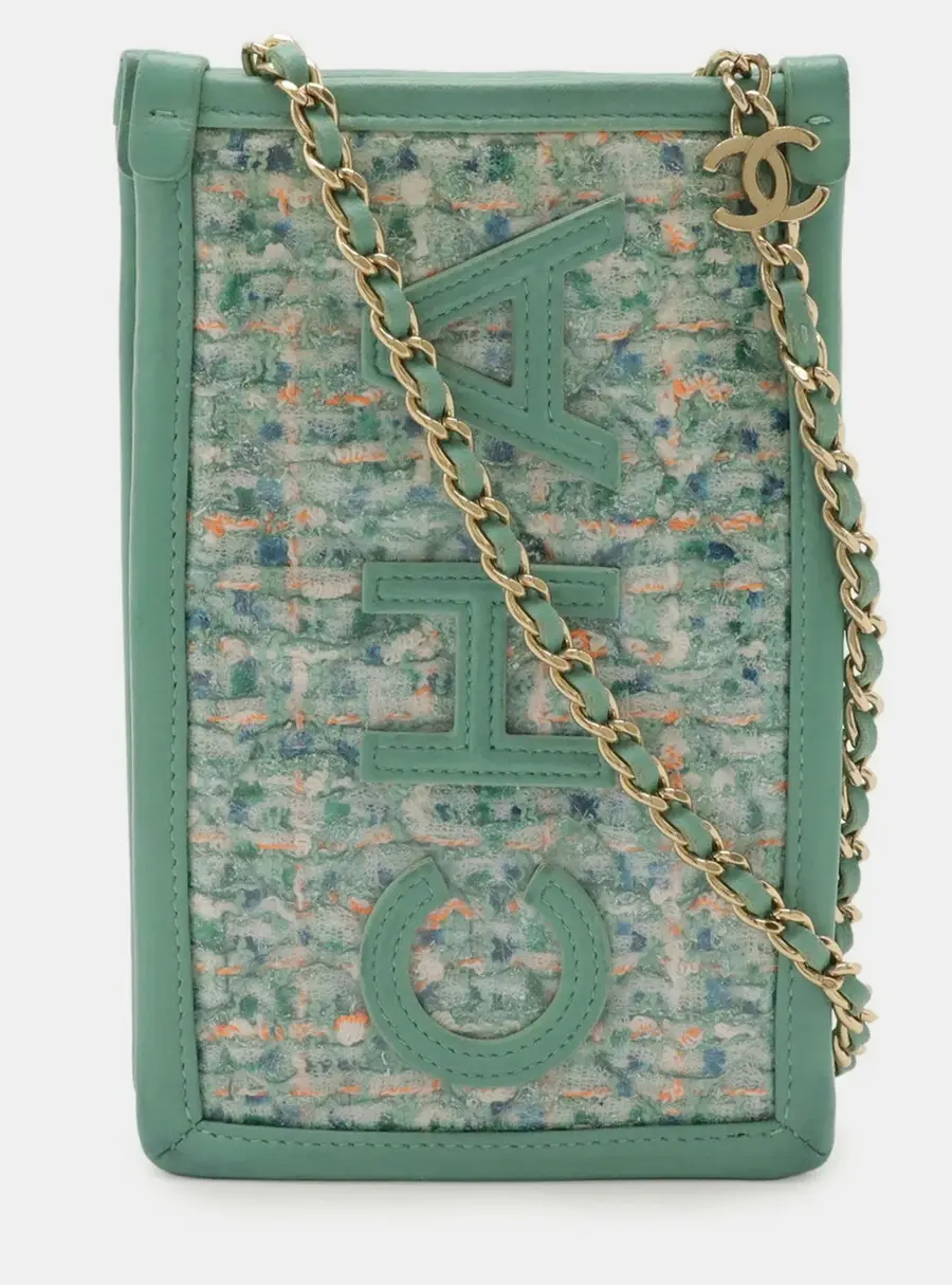 Chanel 19S Tweed PVC Clutch with Chain Blue Green Tweed Vinyl Lambskin Leather Crossbody Bag