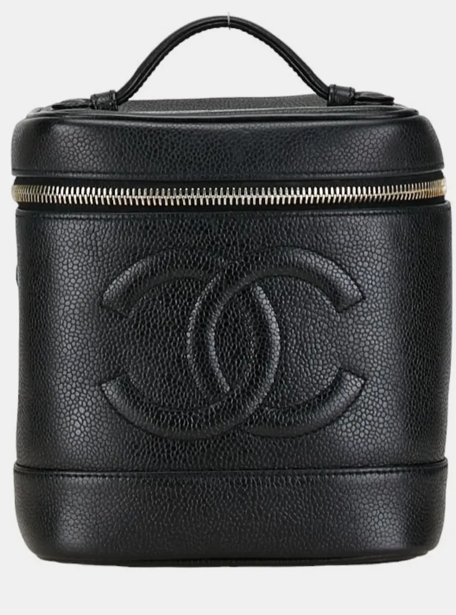 Chanel Vertical Vanity Case A01998 Black Caviar Leather Top Handle Bag
