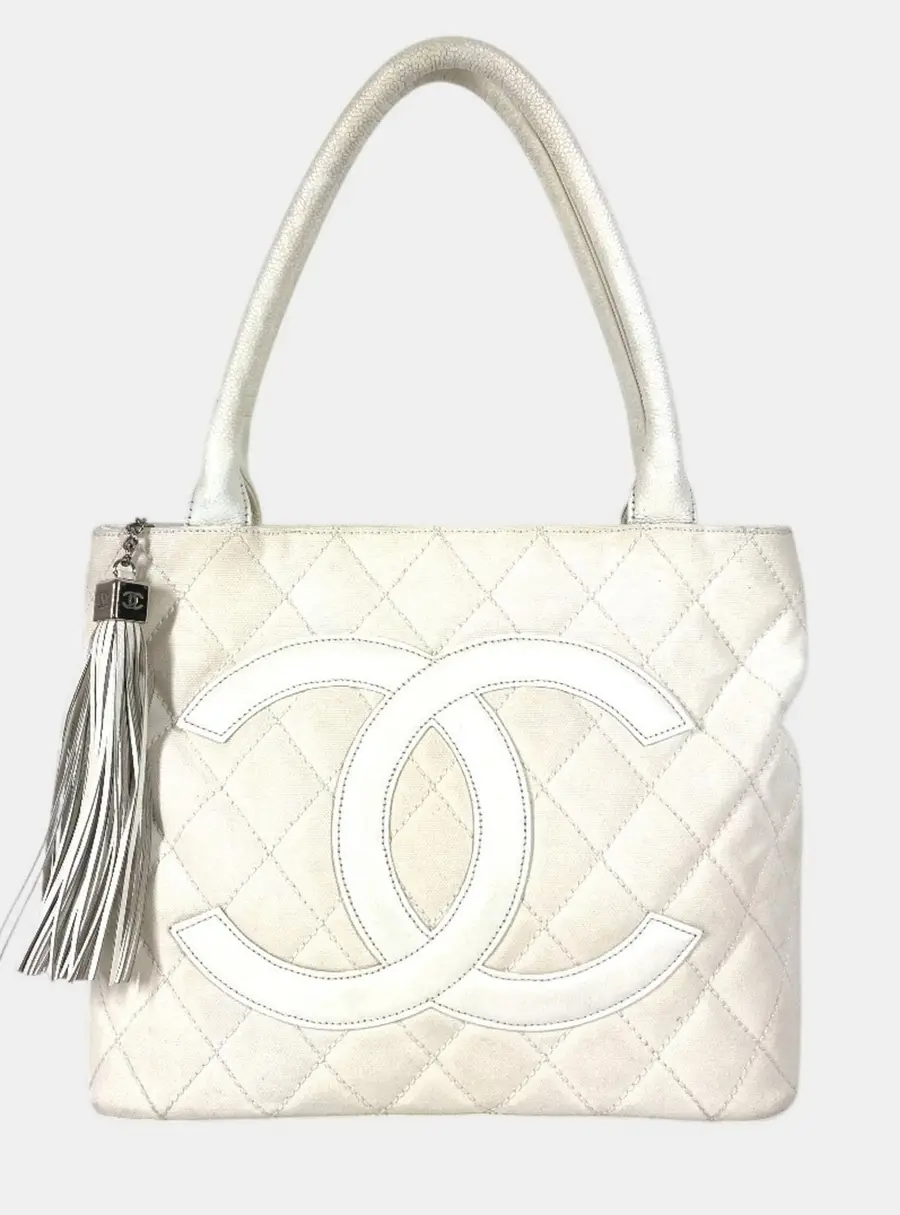 Chanel CC Tassel Quilted Canvas Medium White Shoulder Tote Bag
