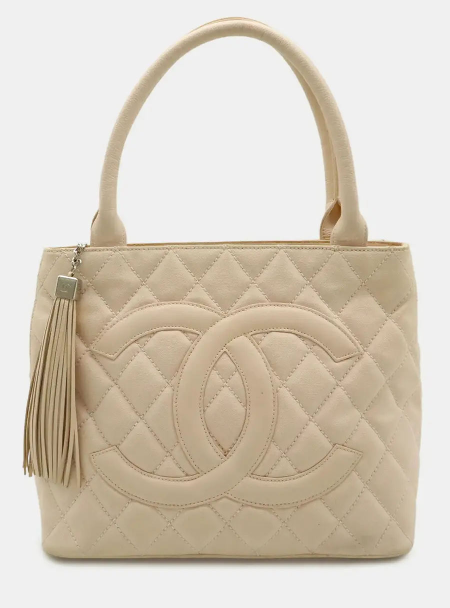 Chanel Matelasse Tassel Medium Beige Canvas Leather Tote Bag