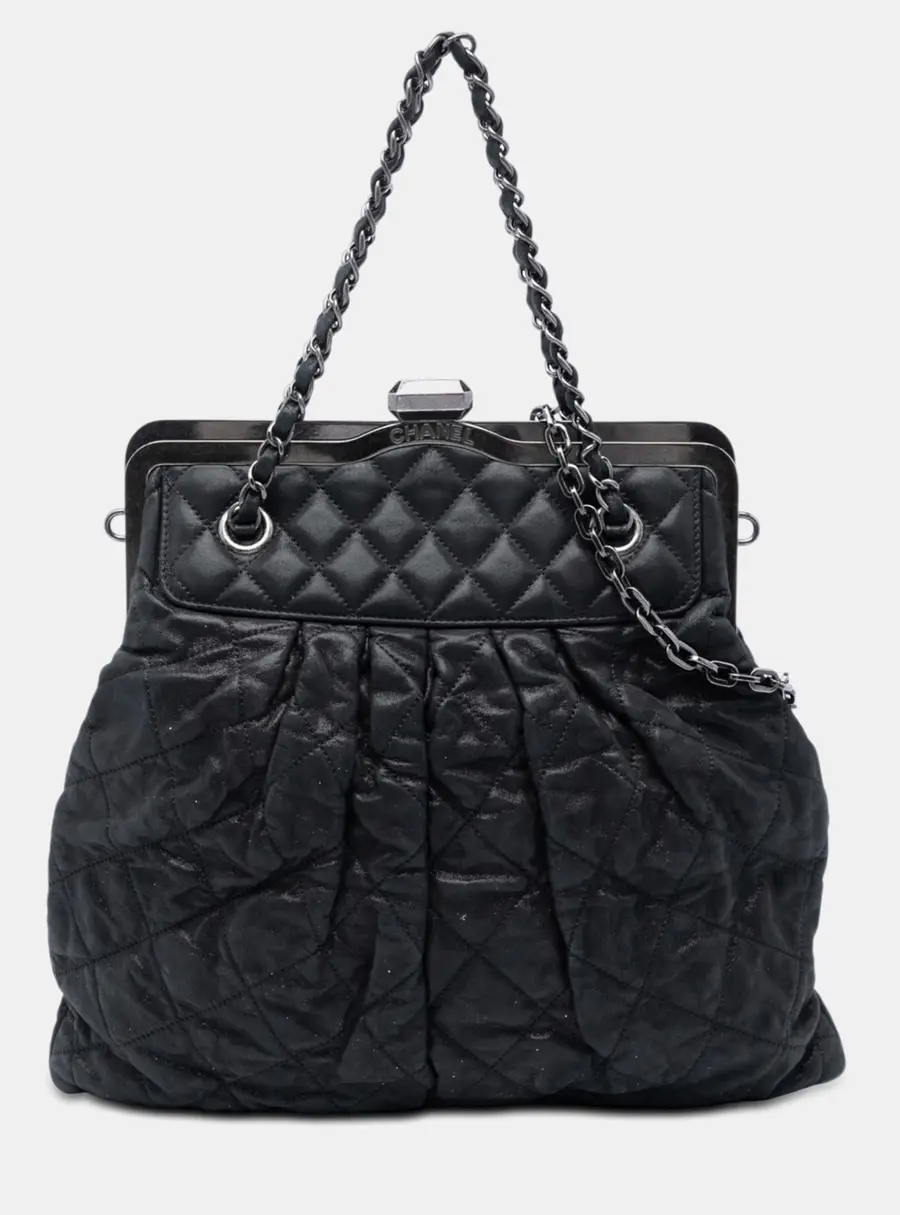 Chanel Chic Quilt Frame One Size Black Quilted Iridescent Calfskin Leather Satchel Bag