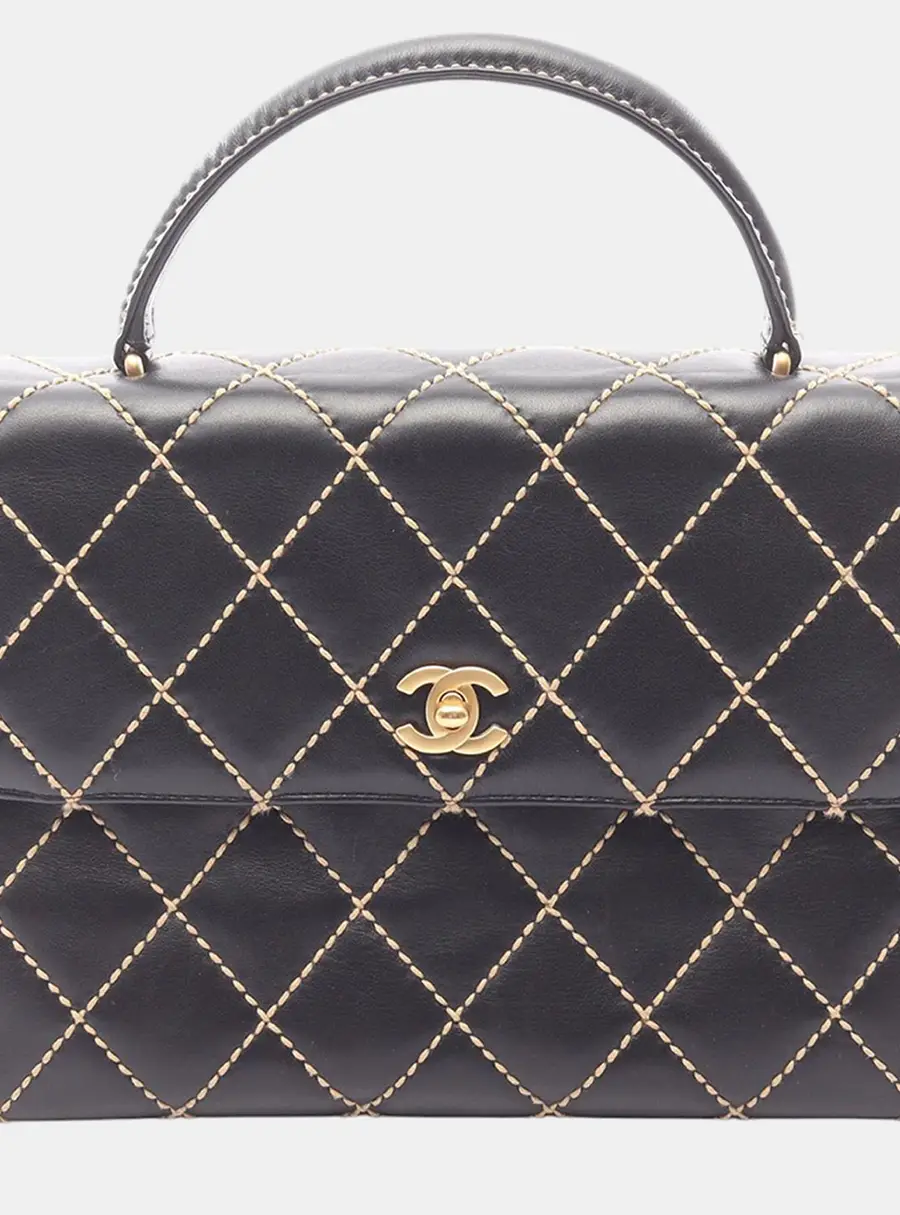 Chanel Wild Stitch Kelly Medium Black Calfskin Leather Top Handle Bag