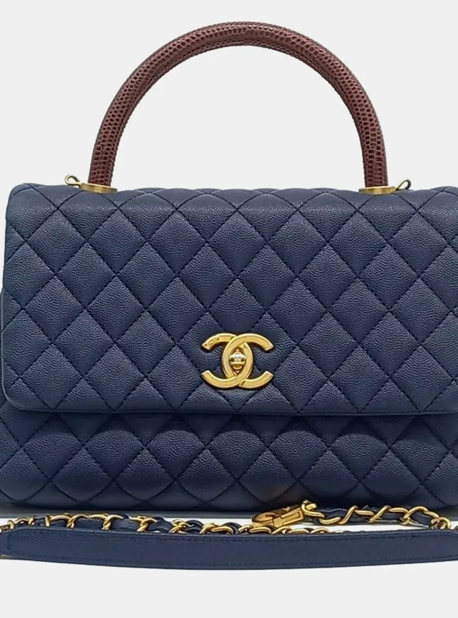 Chanel Coco Handle 28 Navy Blue Caviar Leather Top Handle Bag