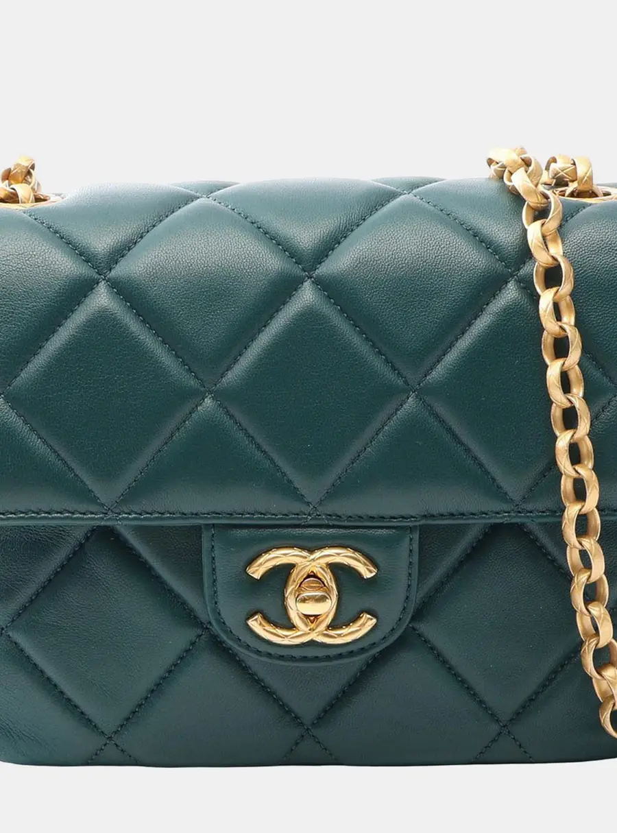 Chanel Mini Square Classic Green Lambskin Leather Shoulder Bag