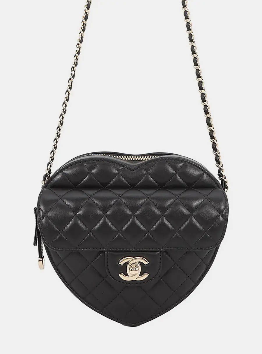 Chanel Heart Shaped Black Lambskin Leather Crossbody Bag