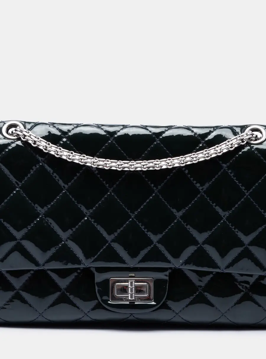 Chanel Quilted Patent Reissue 2.55 Double Flap 227 Black Patent Leather Shoulder Bag