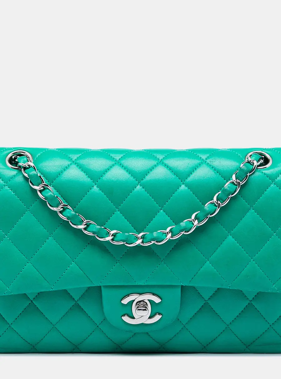 Chanel Medium Classic Double Flap Green Lambskin Leather Shoulder Bag