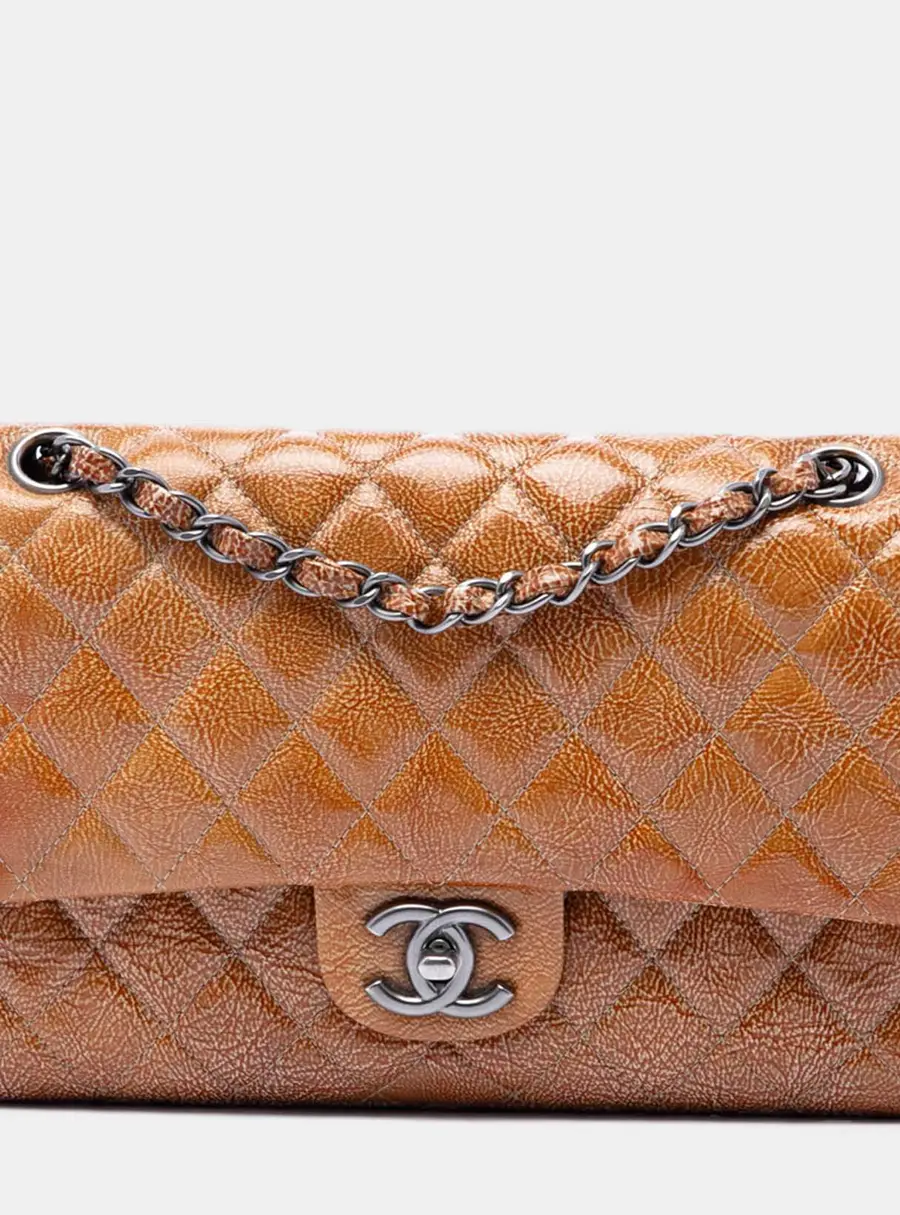 Chanel Classic Medium Brown Crinkled Patent Leather Double Flap Bag
