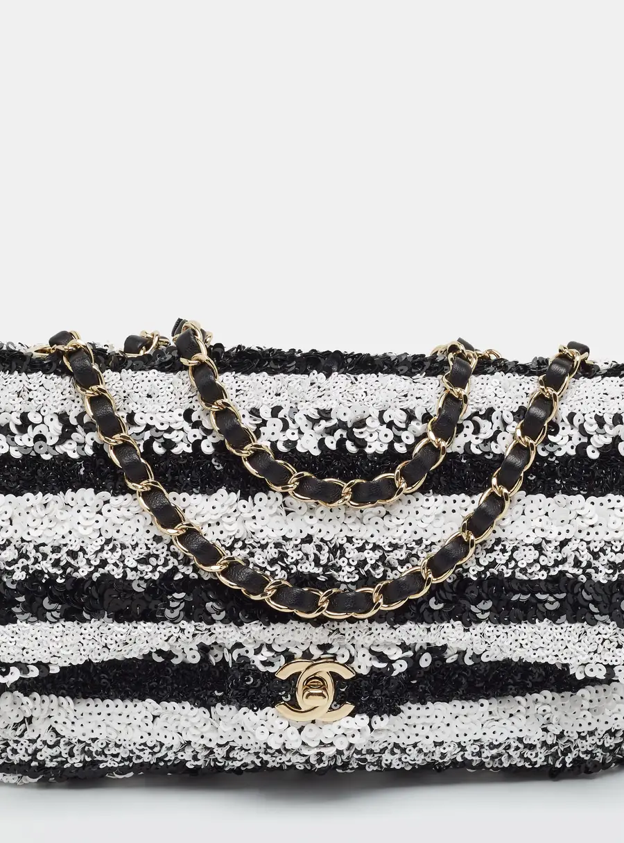 Chanel Stripe Classic Single Flap Medium Black/White Sequins Bag