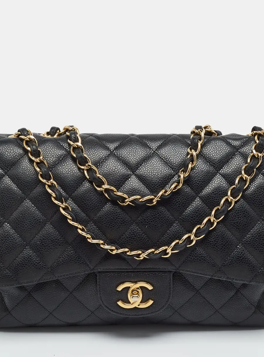Chanel Classic Single Jumbo Black Quilted Caviar Leather Flap Bag