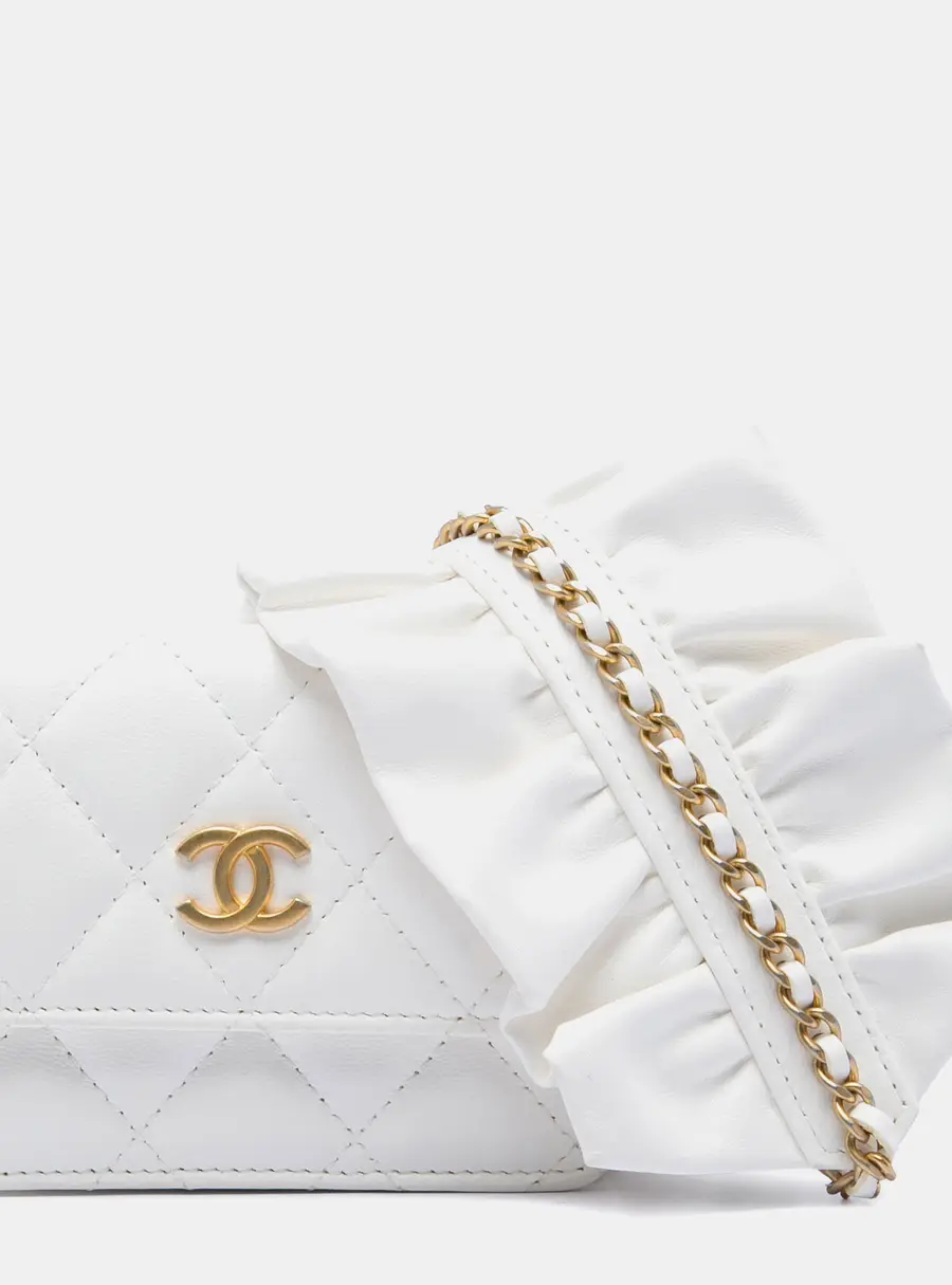 Chanel Romance White Quilted Lambskin Flap Card Holder On Chain Bag
