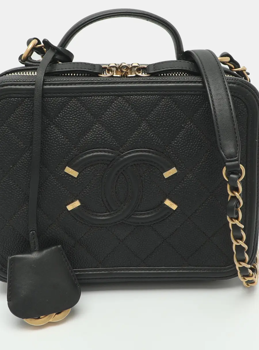 Chanel CC Filigree Medium Black Quilted Caviar Leather Vanity Case Bag