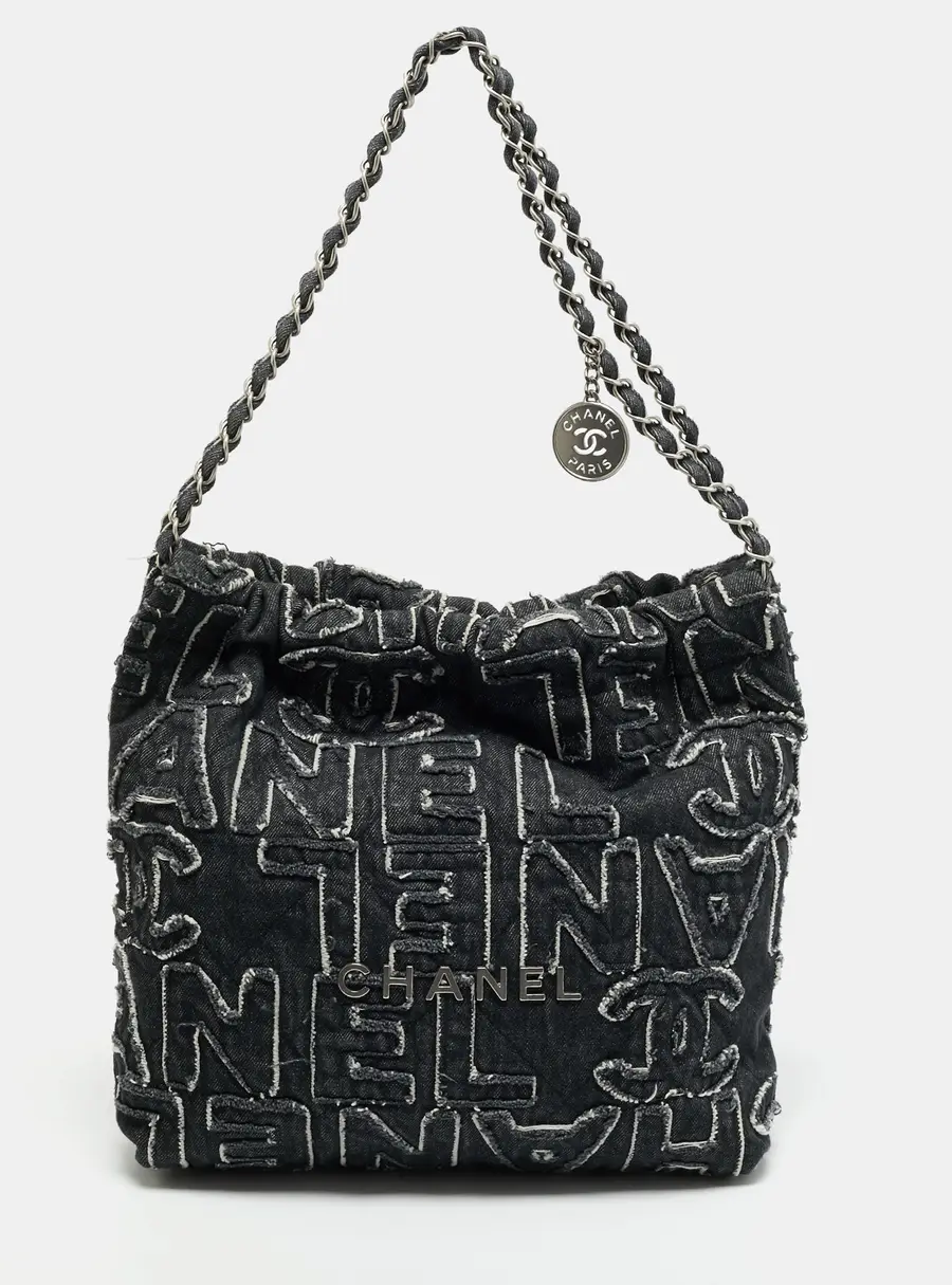 Chanel 22 Logo Patchwork Black Quilted Denim Bag