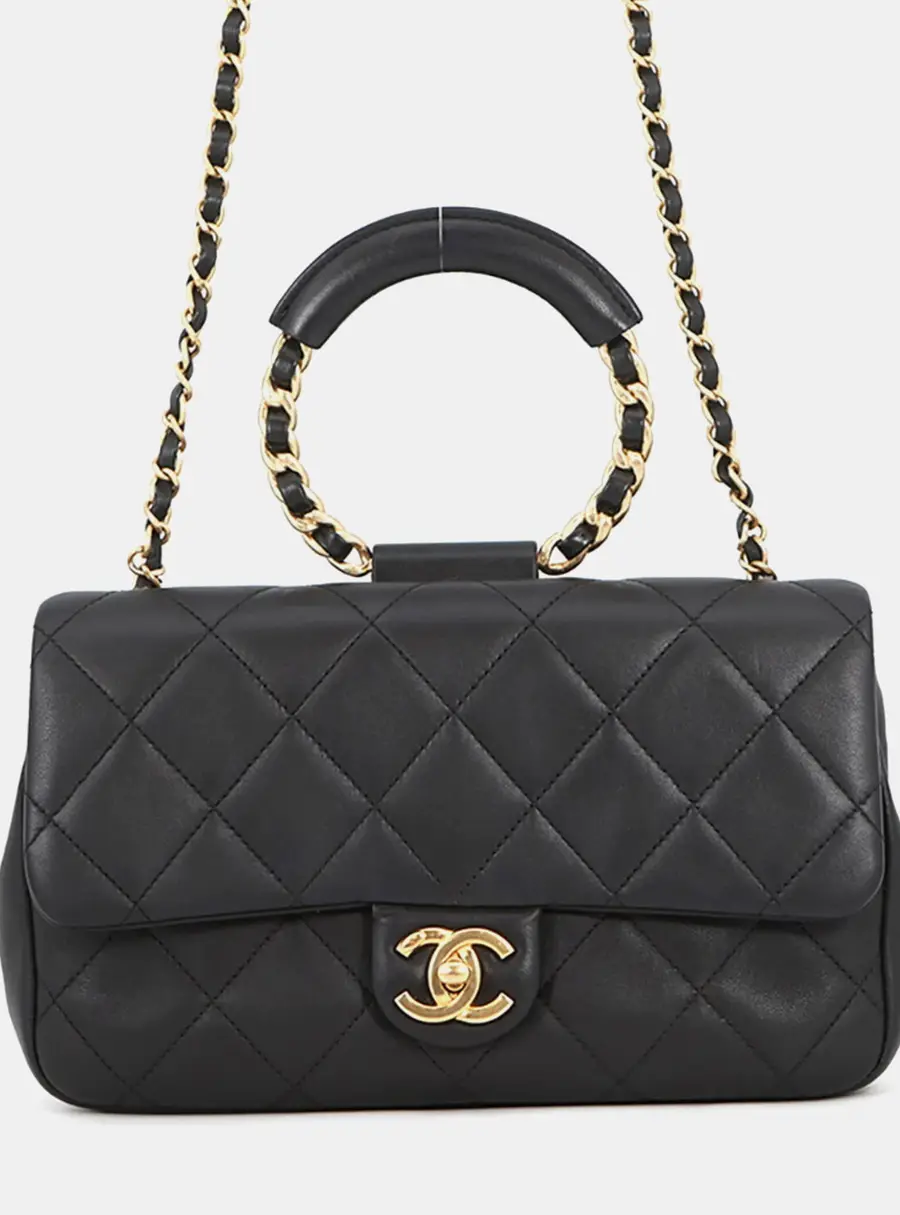 Chanel Cruise 2020 Circular Handle Flap Small Black Lambskin Leather Top Handle Bag