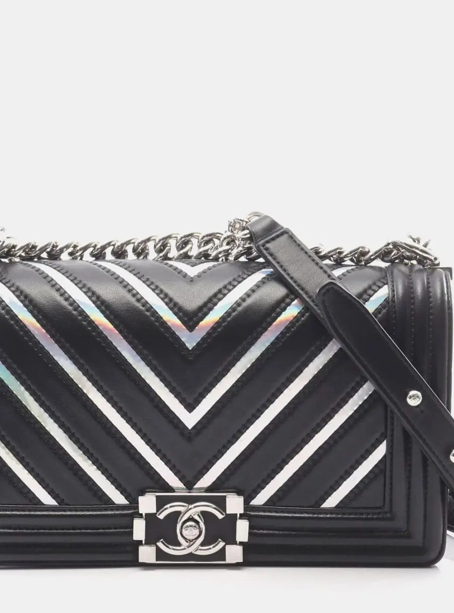 Chanel Boy Medium Black Lambskin Leather Holographic PVC Shoulder Bag