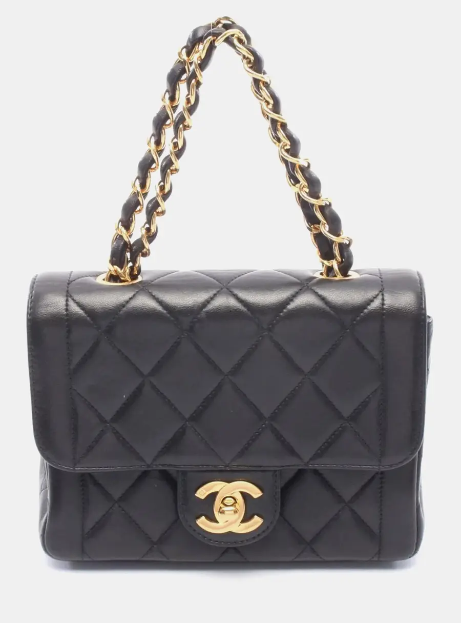 Chanel Vintage Square Chain Handle Flap Black Lambskin Leather Mini Top Handle Bag