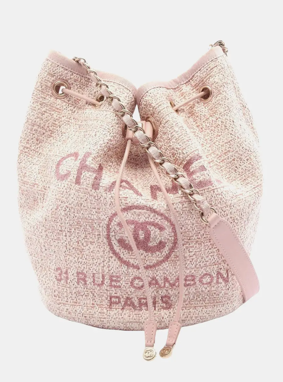 Chanel Deauville Pink Tweed Calfskin Leather Drawstring Bucket Bag