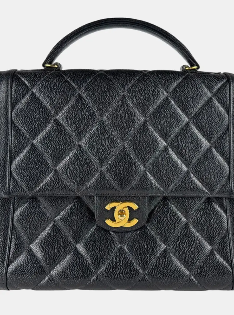 Chanel Vintage Kelly Black Caviar Leather Top Handle Bag