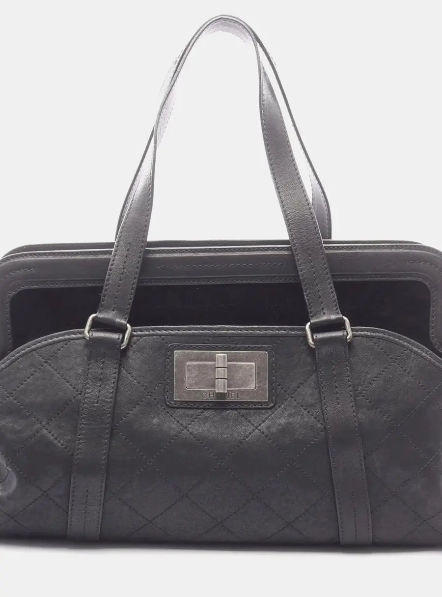 Chanel 2.55 Matelasse Boston Large Black Calfskin Leather Pile Top Handle Bag