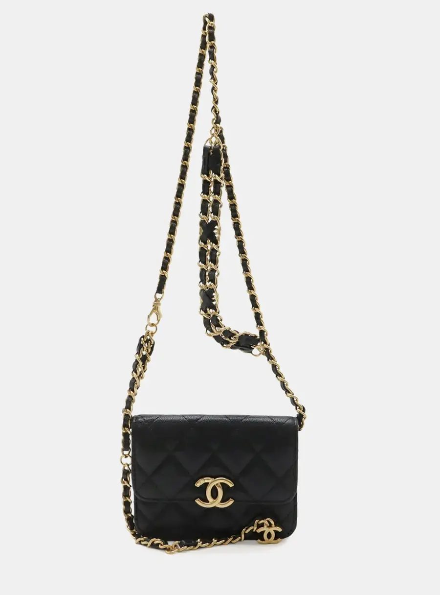Chanel Matelasse Coco Mark Belt Bag Black Caviar Leather Pouch Bag