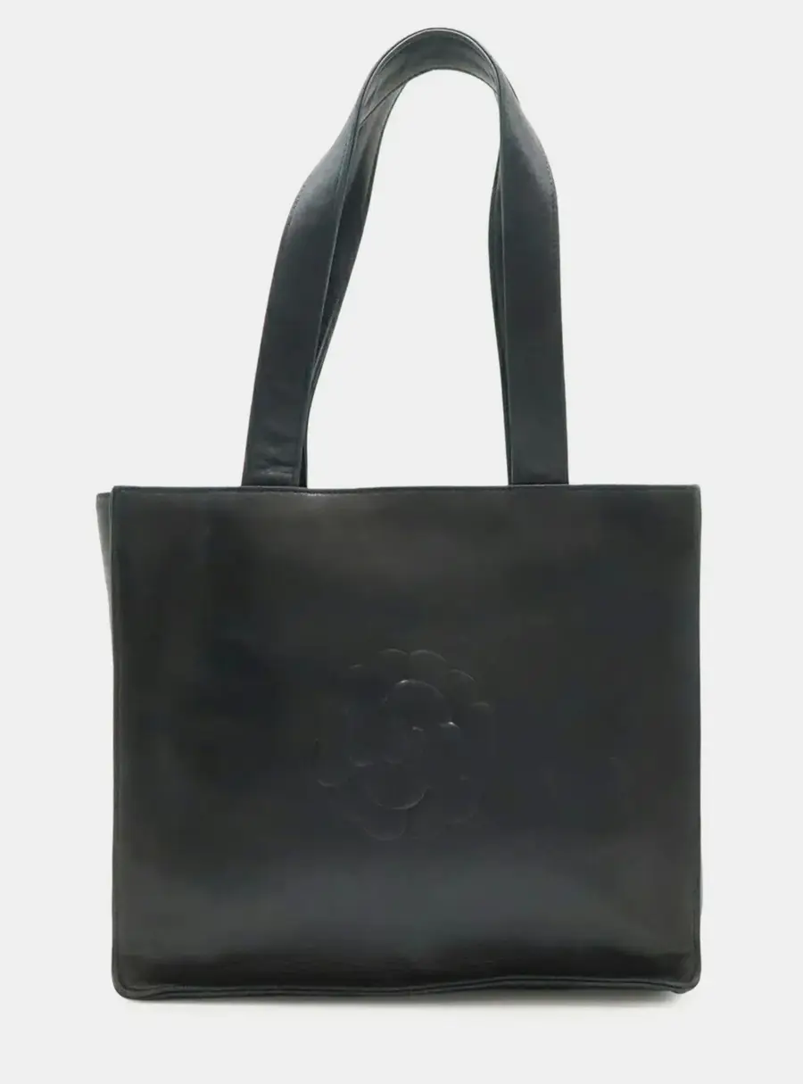 Chanel Camellia Coco Mark Black Lambskin Leather Tote Bag