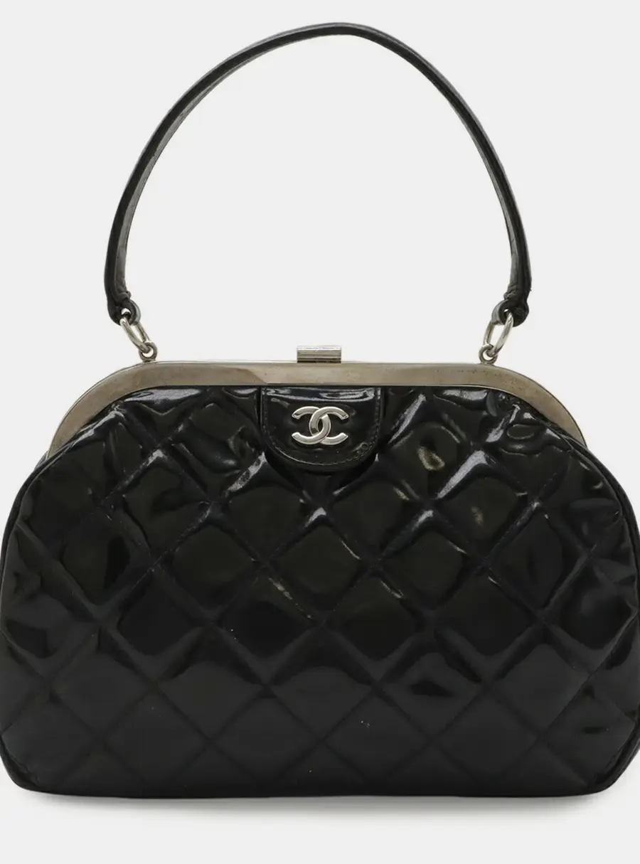 Chanel Matelasse Coco Mark Black Quilted Patent Leather Top Handle Bag