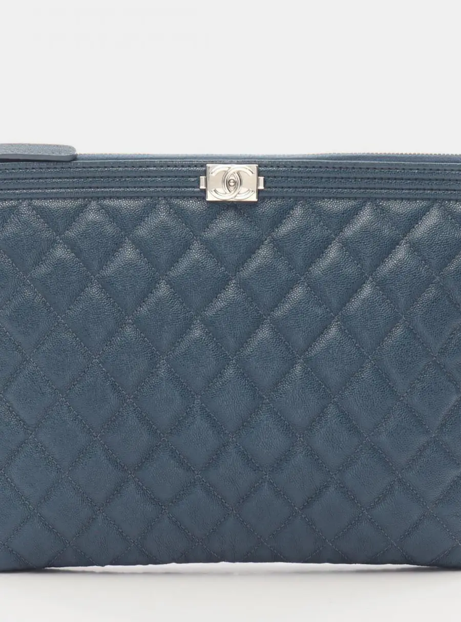 Chanel Boy Medium Navy Grained Calfskin Leather Pouch Bag