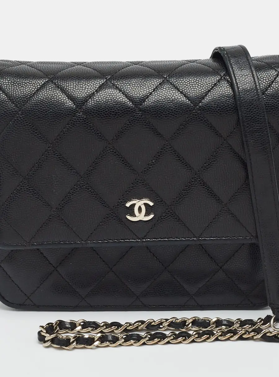 Chanel CC Black Caviar Quilted Leather Wallet On Chain